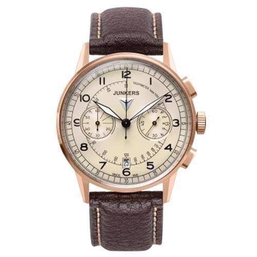 Image of Junkers G38 rosa forgyldt med chronograph beige urskive og brun læderrem